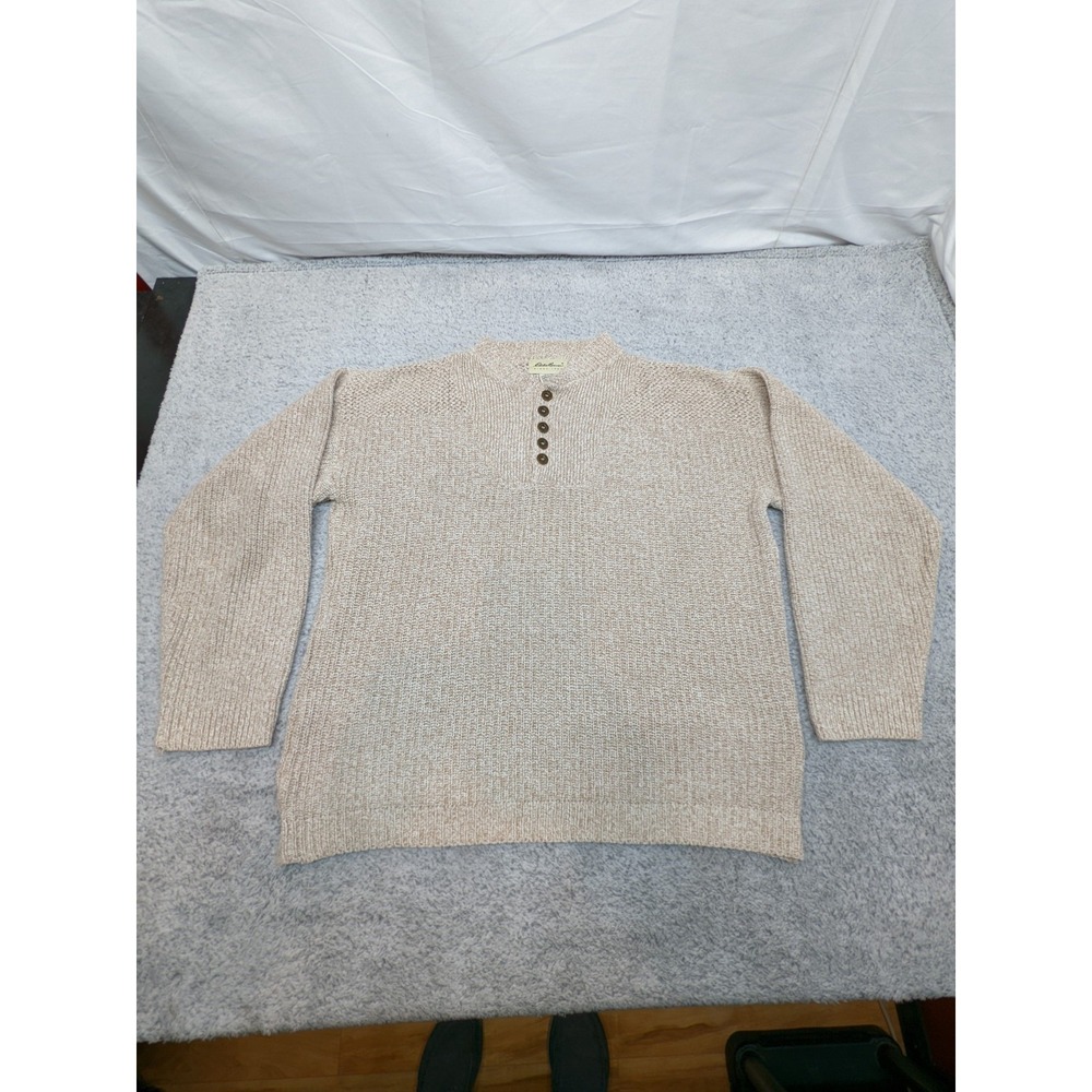 Vintage Eddie Bauer Henley Sweater Made in USA‎ Mens XL Oatmeal / Cream Preppy